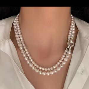 Necklace Pearl look elegant 18" Double Strand CZ Clasp